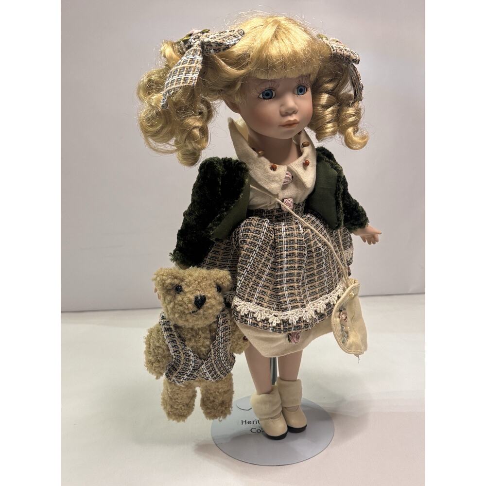 The Heritage Collections Porcelain Little Girl Doll /Teddy Bear